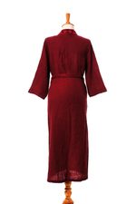 Cotton robe, 'Relaxing Sangria' - Embroidered Cotton Robe in Cerise and Strawberry