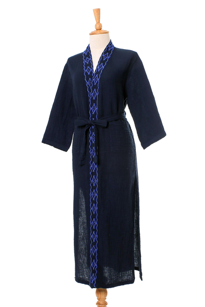 Cotton robe, 'Midnight Relaxation' - Diamond Embroidered Cotton Robe in Midnight from Thailand