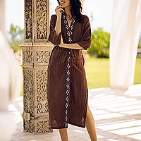 Cotton robe, 'Nature Relaxation' - Diamond Embroidered Cotton Robe in Chestnut from Thailand