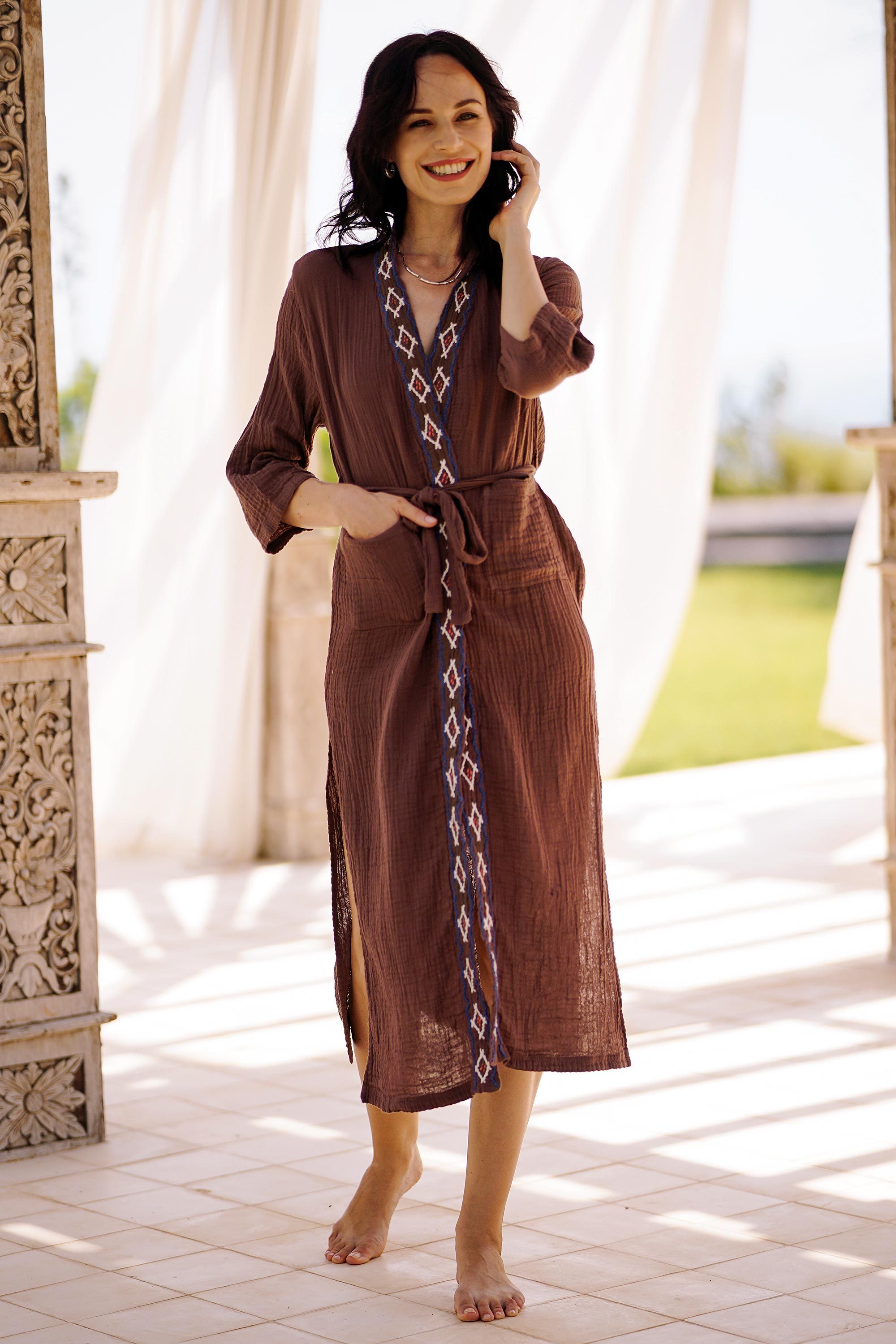 Diamond Embroidered Cotton Robe in Chestnut from Thailand - Nature ...