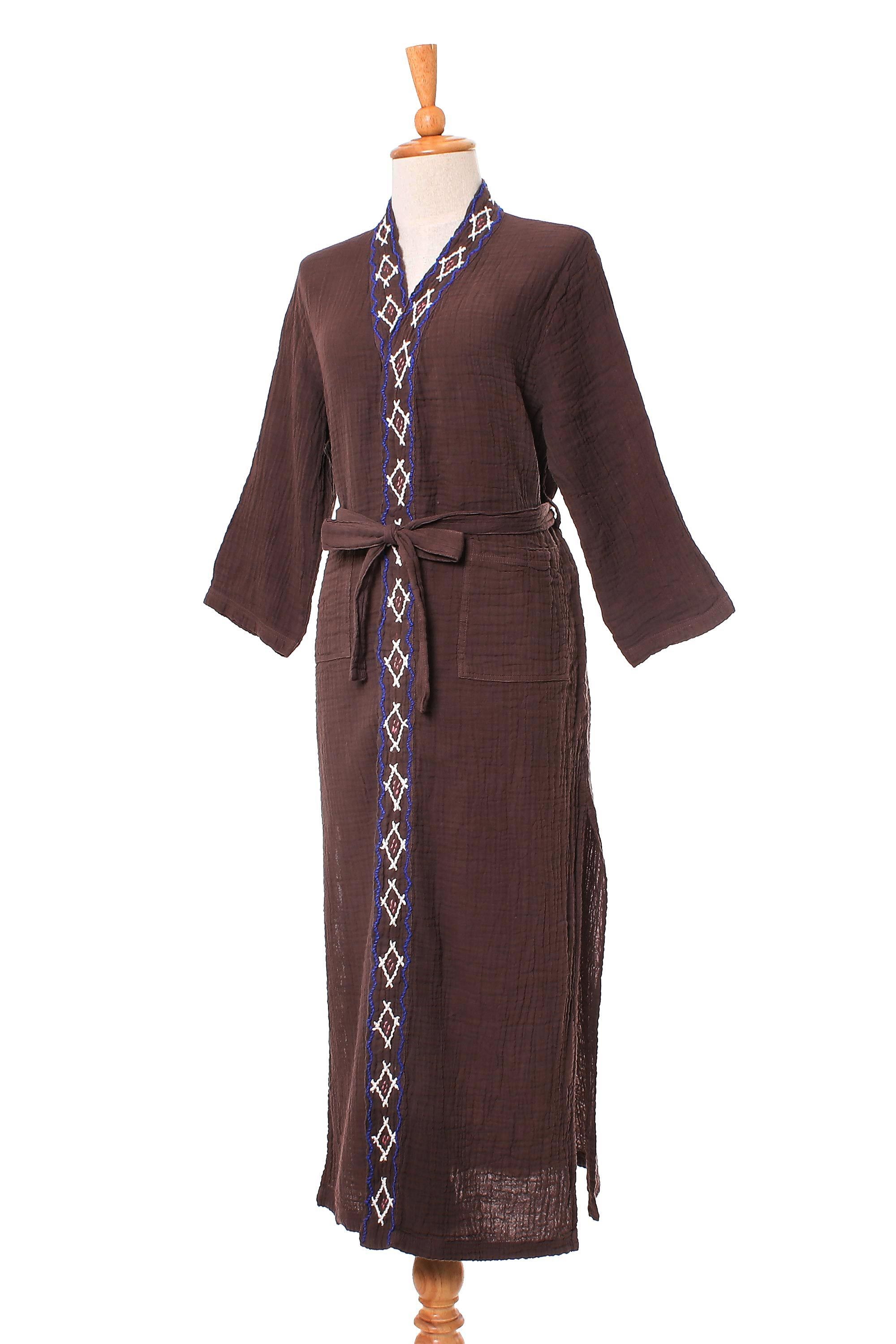 Diamond Embroidered Cotton Robe in Chestnut from Thailand - Nature ...