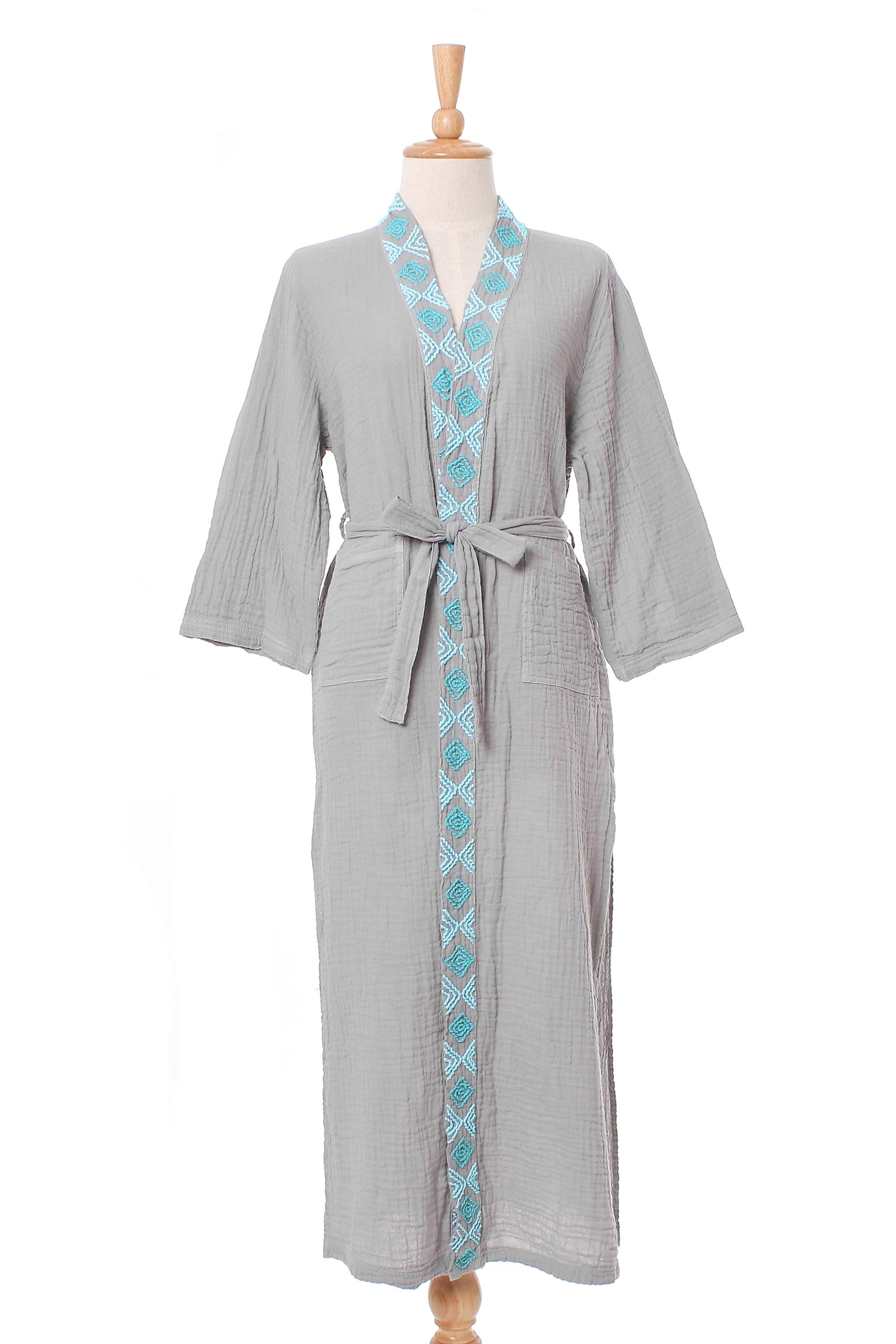 Diamond Embroidered Cotton Robe in Ash from Thailand - Blue Diamonds ...
