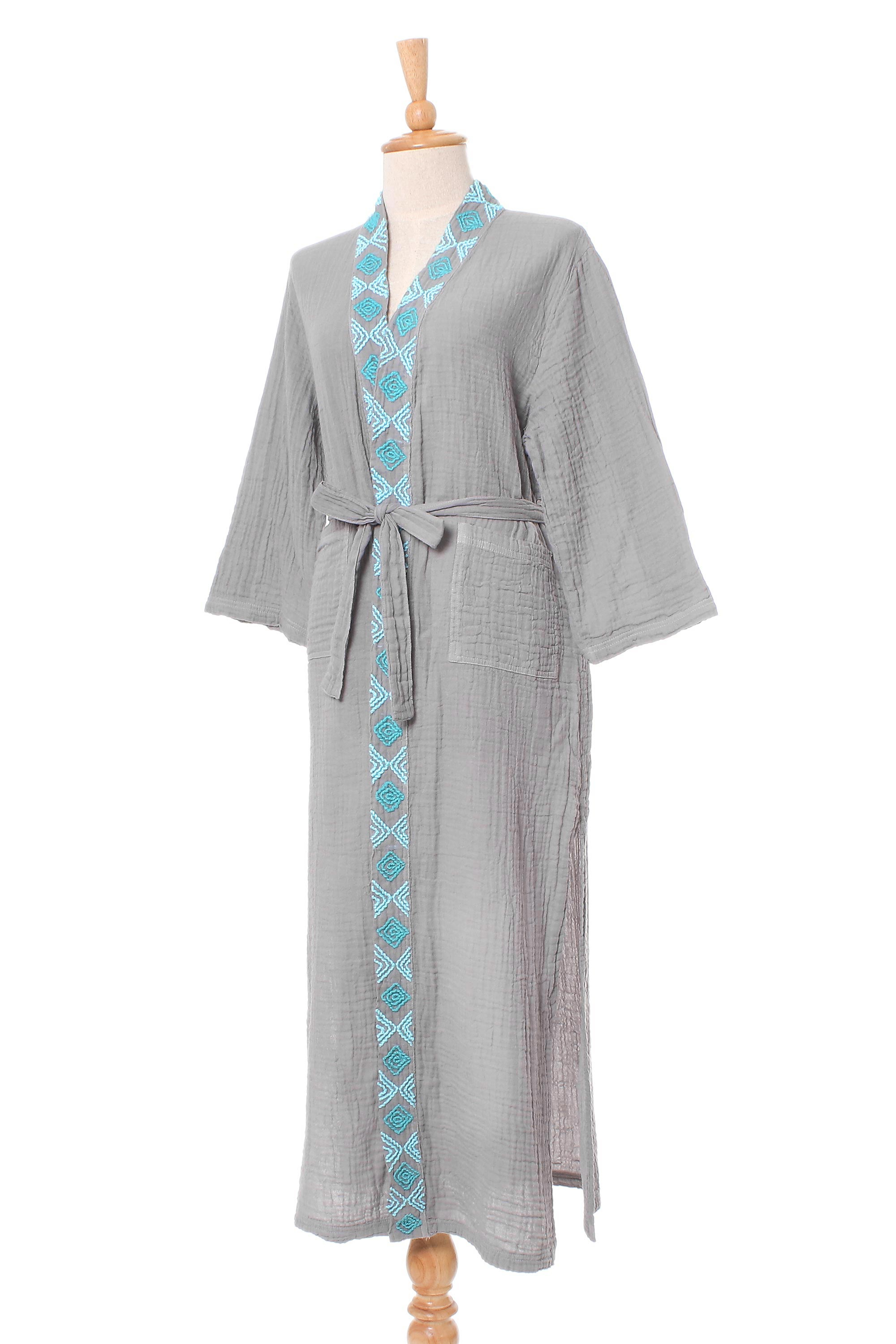 Diamond Embroidered Cotton Robe in Ash from Thailand - Blue Diamonds ...