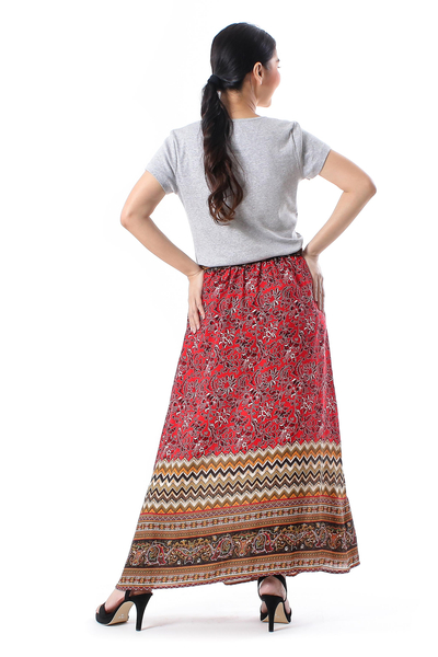 falda de rayón - Falda de rayón con motivos florales estampados de Tailandia