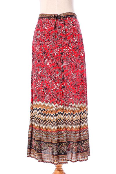 Rayon Skirt with Printed Floral Motifs from Thailand - Fantastic Floral ...