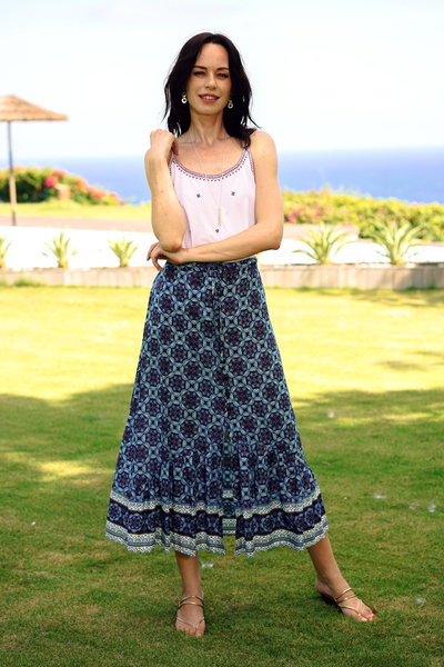 Rayon skirt, 'Fascinating Evening' - Floral Motif Rayon Skirt in Blue from Thailand