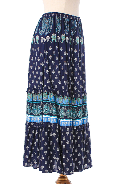 Rayon skirt, 'Navy Paisleys' - Paisley Motif Printed Rayon Skirt from Thailand