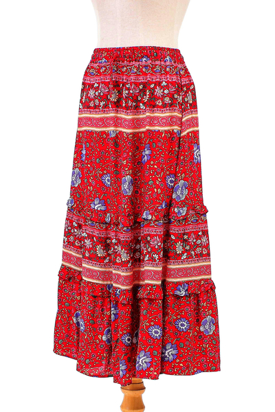 Rayon skirt, 'Poppy Garden' - Floral Rayon Skirt in Poppy Crafted in Thailand