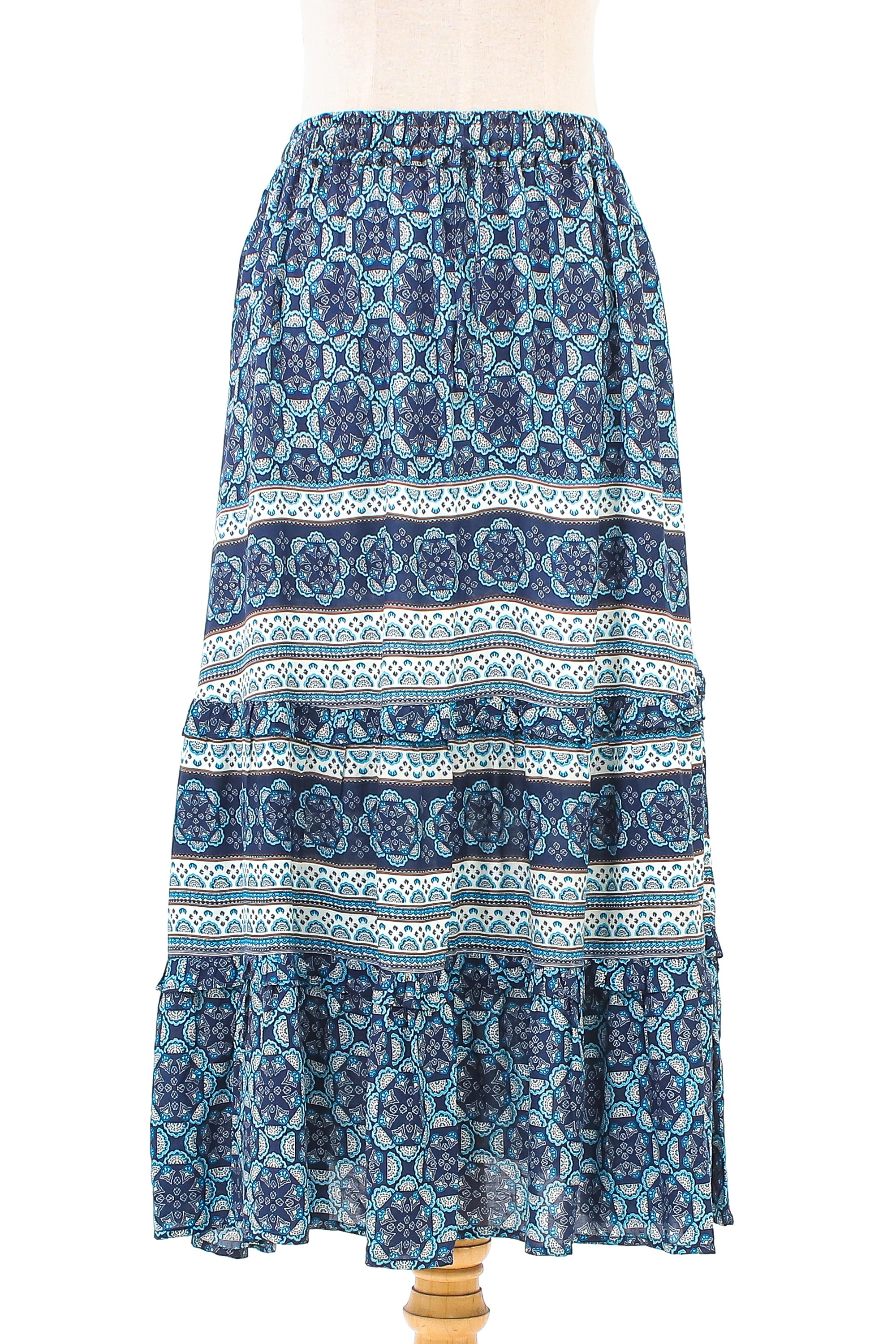 Floral Motif Printed Rayon Skirt from Thailand - Fascinating Night | NOVICA