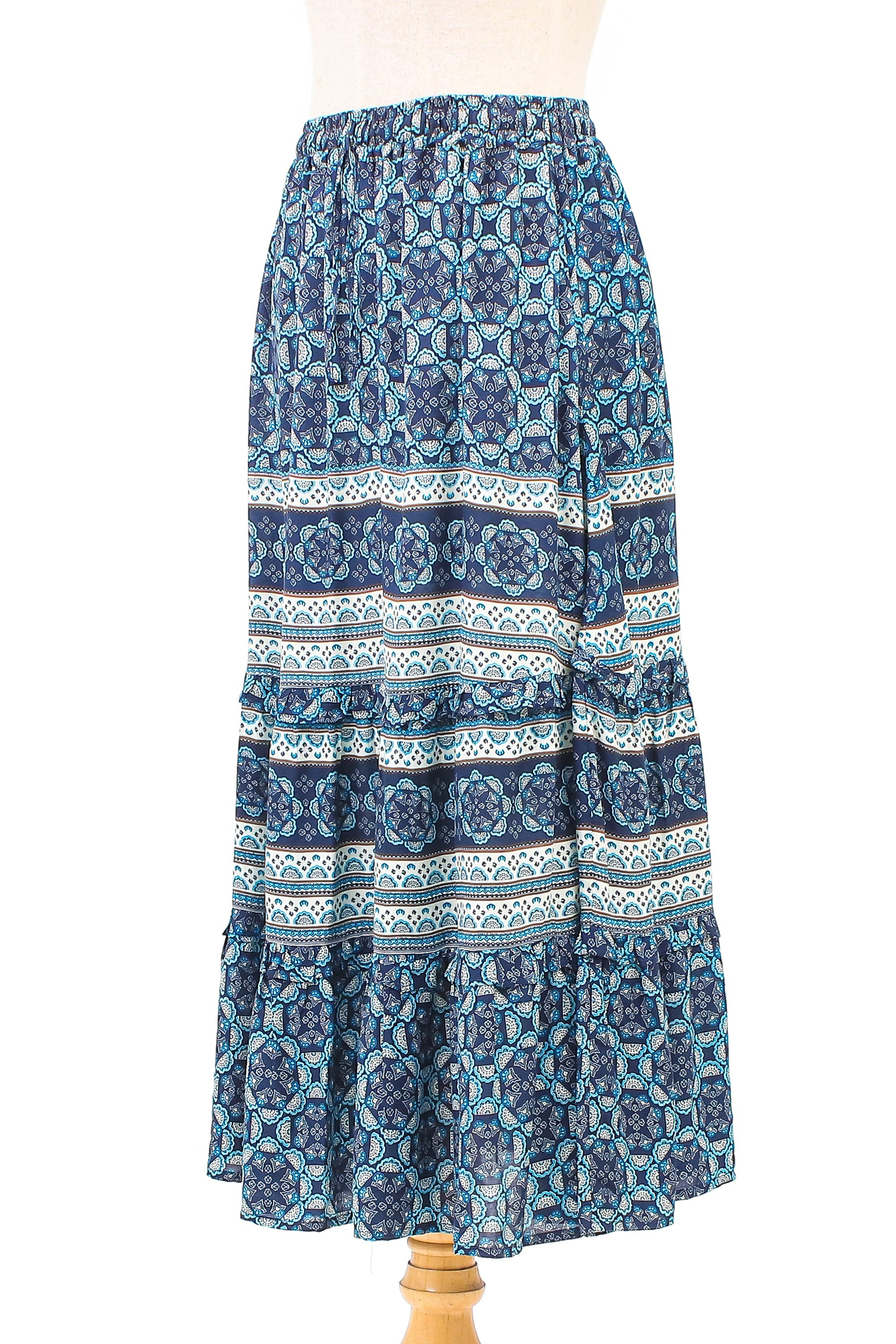 Floral Motif Printed Rayon Skirt from Thailand - Fascinating Night | NOVICA