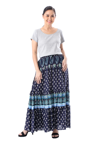 Rayon tiered skirt, 'Paisley Park' - Indigo Paisley Motif Rayon Skirt Crafted in Thailand