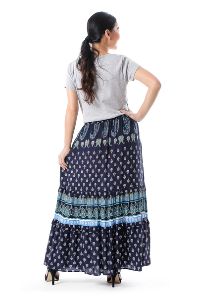 Rayon tiered skirt, 'Paisley Park' - Indigo Paisley Motif Rayon Skirt Crafted in Thailand