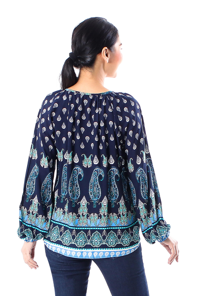 Rayon blouse, 'Tender Paisleys' - Indigo Paisley Motif Rayon Blouse Crafted in Thailand