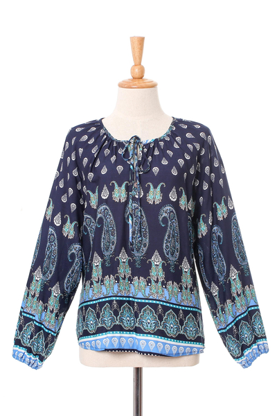 Rayon blouse, 'Tender Paisleys' - Indigo Paisley Motif Rayon Blouse Crafted in Thailand