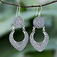 Karen Hill Tribe Silver Dangle Earrings from Thailand,'Moon Patterns'
