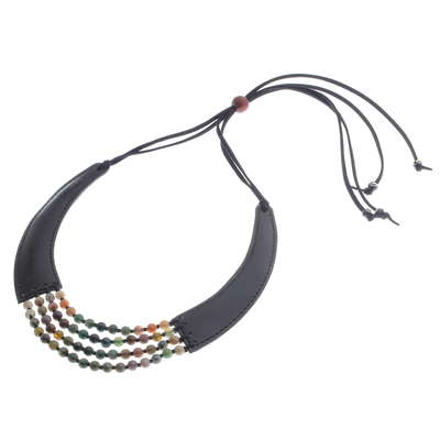 Agate beaded necklace, 'Mossy Mood' - Agate and Leather Beaded Necklace from Thailand