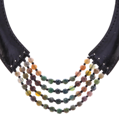 Halskette aus Achatperlen - Halskette aus Achat und Lederperlen aus Thailand