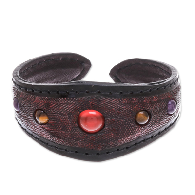 Multi-gemstone leather cuff bracelet, 'Orb Love in Red' - Multi-Gemstone Leather Cuff Bracelet in Red from Thailand