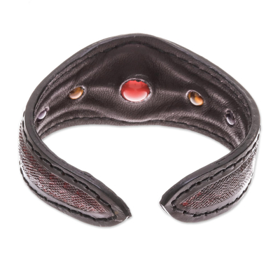 Multi-gemstone leather cuff bracelet, 'Orb Love in Red' - Multi-Gemstone Leather Cuff Bracelet in Red from Thailand