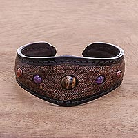 Multi-gemstone leather cuff bracelet, 'Orb Love in Brown'