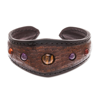 Multi-Gemstone Leather Cuff Bracelet in Brown from Thailand