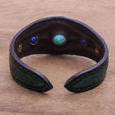 Multi-gemstone leather cuff bracelet, 'Orb Love in Green' - Multi-Gemstone Leather Cuff Bracelet in Green from Thailand