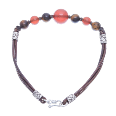 Carnelian and tiger's eye beaded leather bracelet, 'Fiery Earth' - Carnelian and Tiger's Eye Beaded Bracelet from Thailand