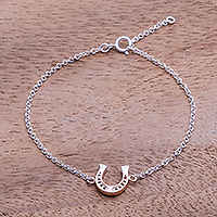 Rose gold accented sterling silver pendant bracelet, 'Horseshoe Gleam'