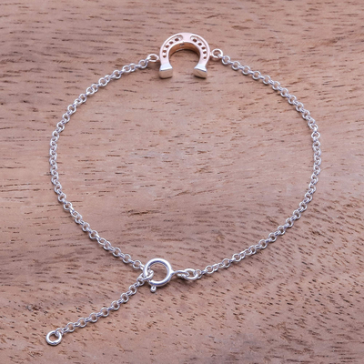 Rose gold accented sterling silver pendant bracelet, 'Horseshoe Gleam' - Rose Gold Accented Sterling Silver Horseshoe Bracelet