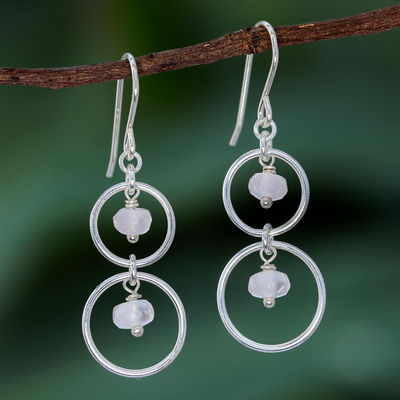 Rose quartz dangle earrings, 'Rosy Orbits' - Natural Rose Quartz Dangle Earrings with Sterling Rings