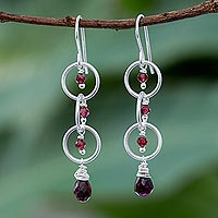 Garnet dangle earrings, 'Natural Orbits' - Natural Garnet and Sterling Silver Ring Dangle Earrings