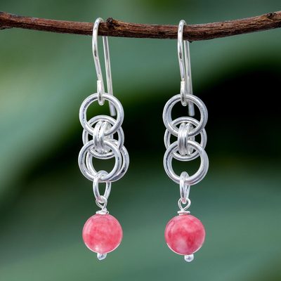 Pendientes colgantes de jade - Pendientes colgantes de jade rosa con anillos de plata de ley