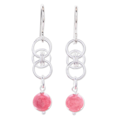 Jade dangle earrings, 'Ring Mood' - Pink Jade Dangle Earrings with Sterling Silver Rings