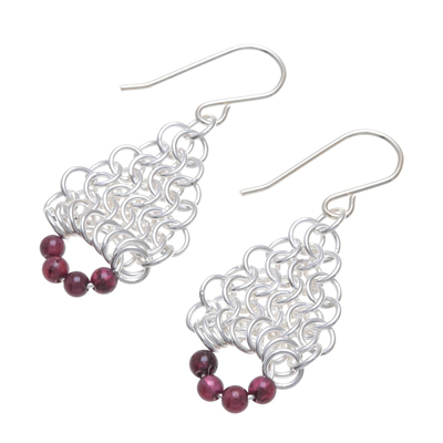 Garnet dangle earrings, 'Bead Fascination' - Garnet Beaded Dangle Earrings with Sterling Silver Rings