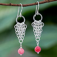 Jade dangle earrings, 'Ring Composition' - Pink Jade Dangle Earrings with Sterling Rings from Thailand