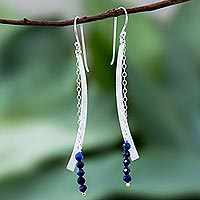 Modern Lapis Lazuli Beaded Dangle Earrings from Thailand,'Bright Curve'