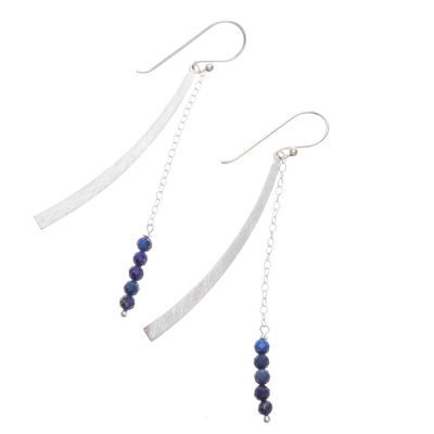 Lapis lazuli dangle earrings, 'Bright Curve' - Modern Lapis Lazuli Beaded Dangle Earrings from Thailand