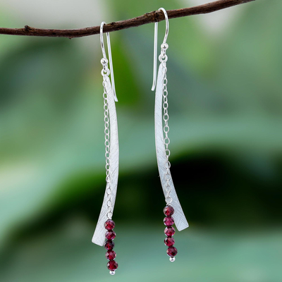 Garnet dangle earrings, 'Bright Curve' - Modern Garnet Beaded Dangle Earrings from Thailand