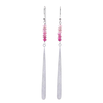 Tourmaline dangle earrings, 'Contemporary Dew in Pink' - Modern Pink Tourmaline Beaded Dangle Earrings from Thailand