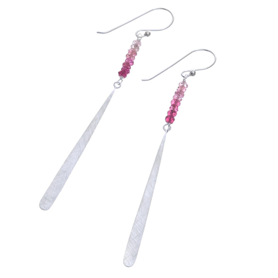 Tourmaline dangle earrings, 'Contemporary Dew in Pink' - Modern Pink Tourmaline Beaded Dangle Earrings from Thailand