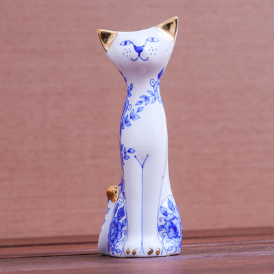 Jarrón de porcelana dorada - Florero de gato de porcelana dorada floral de Tailandia