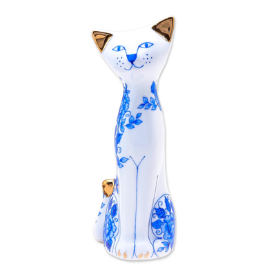 Gilded porcelain vase, 'Regal Cat' - Floral Gilded Porcelain Cat Vase from Thailand