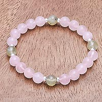 Rose quartz and prehnite beaded stretch bracelet, 'Forest Romance'