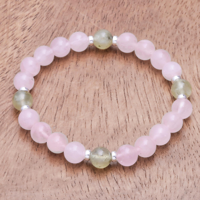 Rose quartz and prehnite beaded stretch bracelet, 'Forest Romance' - Rose Quartz and Prehnite Beaded Stretch Bracelet