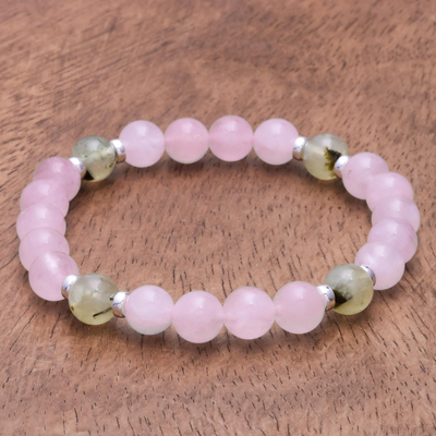 Rose quartz and prehnite beaded stretch bracelet, 'Forest Romance' - Rose Quartz and Prehnite Beaded Stretch Bracelet