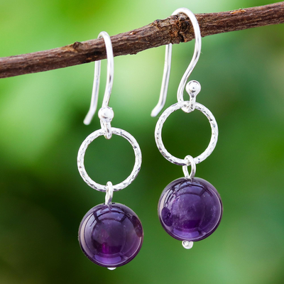Amethyst dangle earrings, 'Ring Shimmer' - Round Amethyst Dangle Earrings Crafted in Thailand