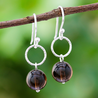 Smoky quartz dangle earrings, 'Ring Shimmer' - Round Smoky Quartz Dangle Earrings Crafted in Thailand