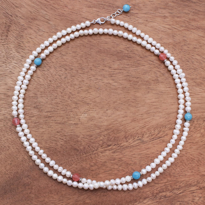 Cultured pearl and chalcedony long strand necklace, 'Sweetness' - Long Cultured Pearl and Gemstone Strand Necklace