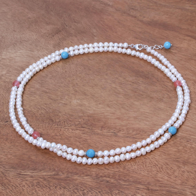 Collar largo de perlas cultivadas y calcedonia - Collar largo de perlas cultivadas y piedras preciosas