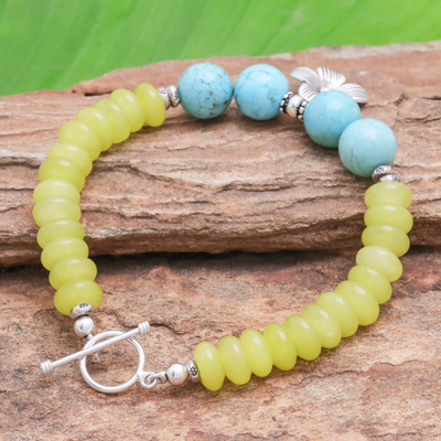 Agate beaded charm bracelet, 'Daisy in the Sunshine' - Yellow Agate Bracelet with Hill Tribe Silver Flower Charm